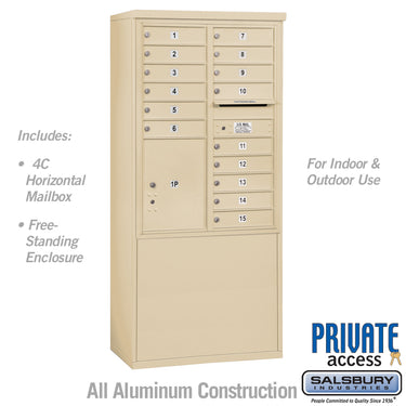 11 Door High Free-Standing 4C Horizontal Mailbox with 15 Doors and 1 Parcel Locker in Sandstone with Private Access